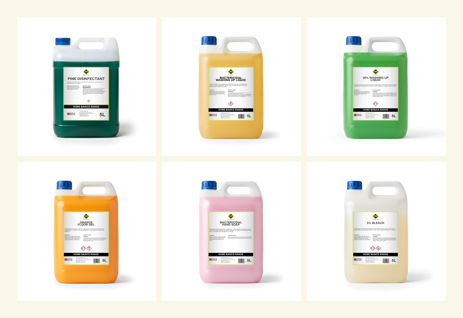 The UHS concentrate range on Amazon UK - Pine, Bactericidal Washing Up, 20% Washing Up, Orange Floor Gel, Hand Soap, Bleach