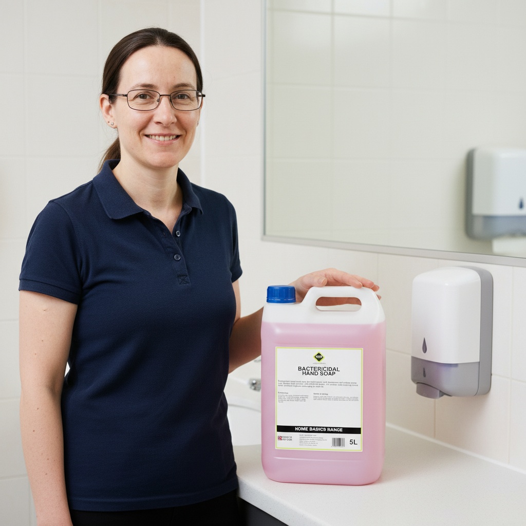 Sarah from UHS with the same Bactericidal Hand Soap UK care homes use